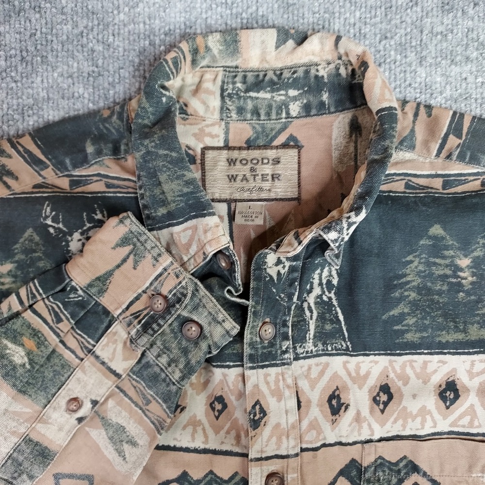 Vintage Woods & Water Shirt Mens Large Olive Deer Outdoor Print Button Down 90s